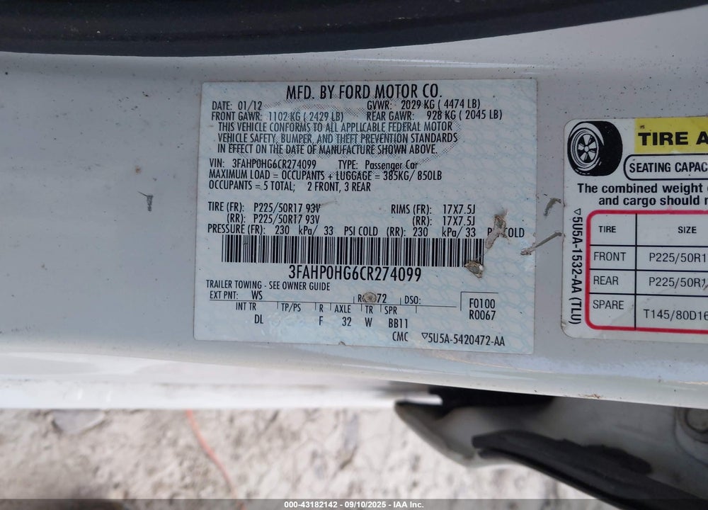 2012 FORD FUSION VIN: 3FAHP0HG6CR274099