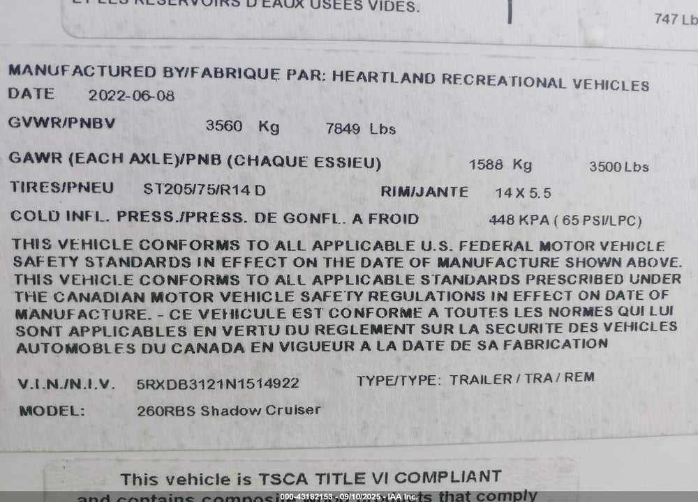 2022 CRUISER OTHER VIN: 5RXDB3121N1514922