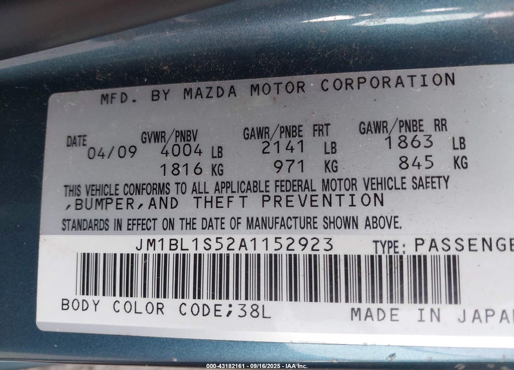 2010 MAZDA 3 VIN: JM1BL1S52A1152923