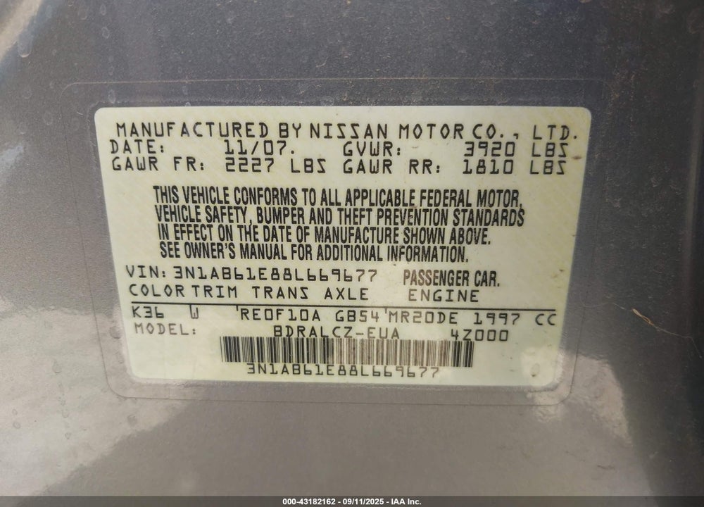 2008 NISSAN SENTRA 2.0 VIN: 3N1AB61E88L669677