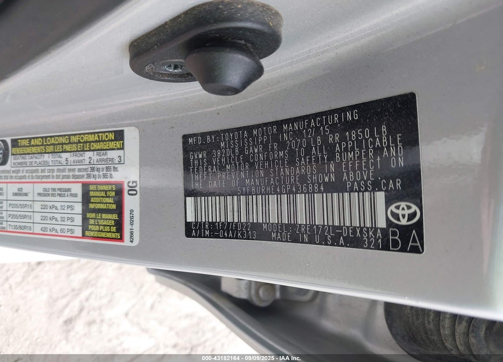2016 TOYOTA COROLLA S VIN: 5YFBURHE4GP436884