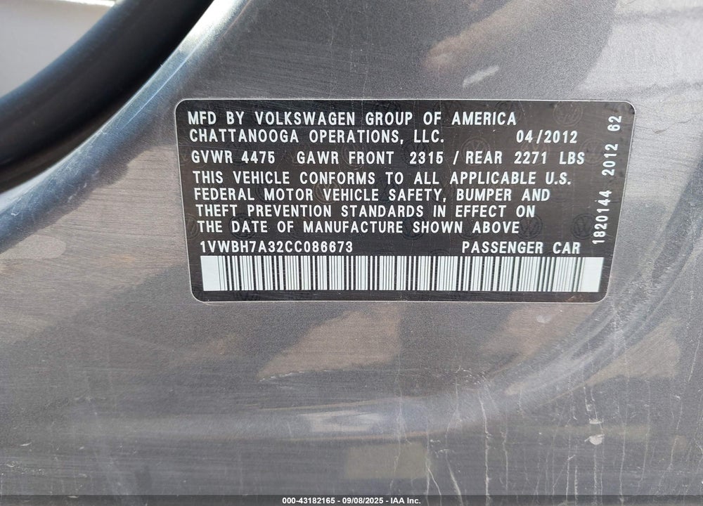 2012 VOLKSWAGEN PASSAT VIN: 1VWBH7A32CC086673