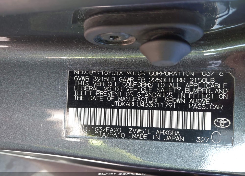 2016 TOYOTA PRIUS THREE VIN: JTDKARFU4G3011791