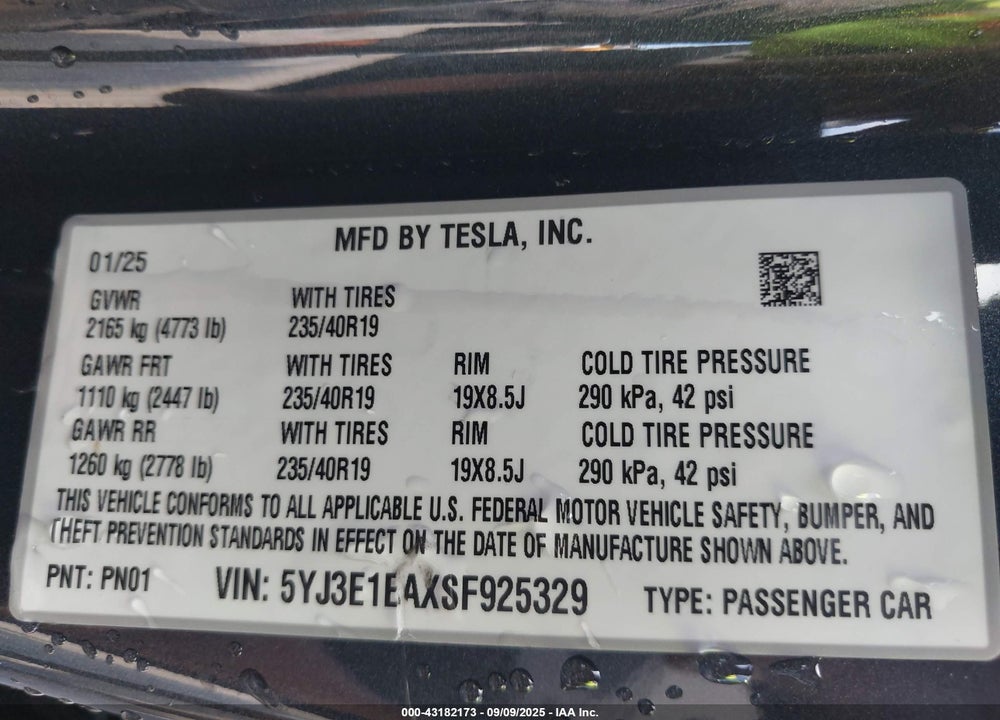 2025 TESLA MODEL 3 LONG RANGE REAR-WHEEL DRIVE VIN: 5YJ3E1EAXSF925329