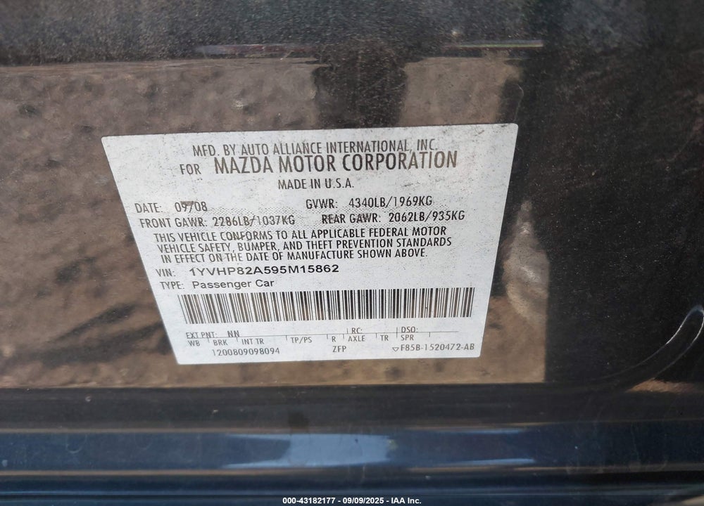 2009 MAZDA 6 VIN: 1YVHP82A595M15862