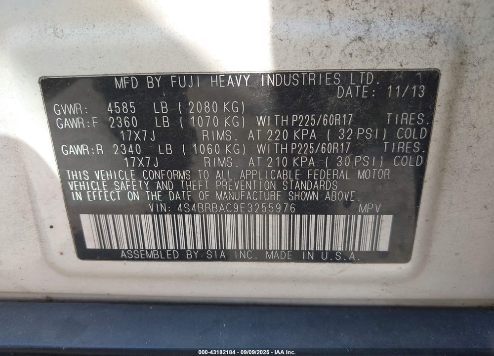 2014 SUBARU OUTBACK 2.5I VIN: 4S4BRBAC9E3255976