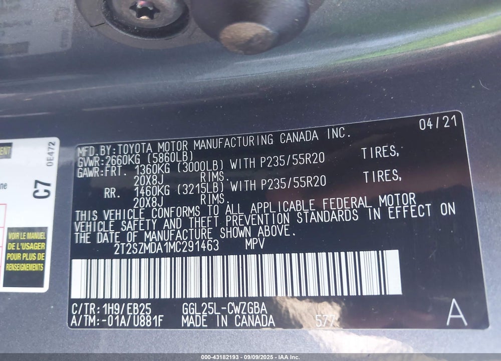 2021 LEXUS RX 350 VIN: 2T2SZMDA1MC291463