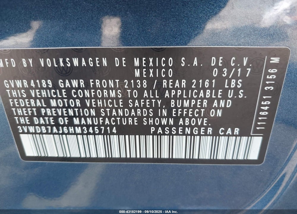 2017 VOLKSWAGEN JETTA VIN: 3VWDB7AJ6HM345714