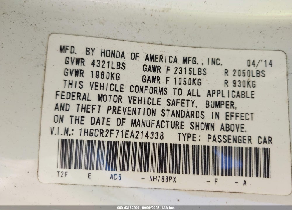 2014 HONDA ACCORD VIN: 1HGCR2F71EA214338