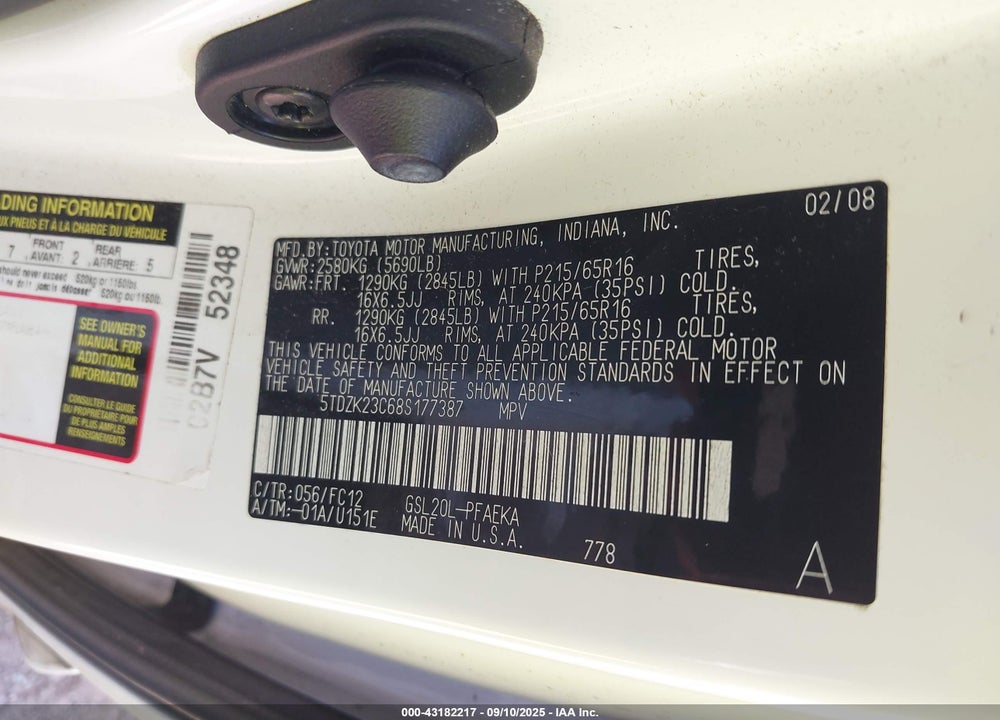 2008 TOYOTA SIENNA LE VIN: 5TDZK23C68S177387