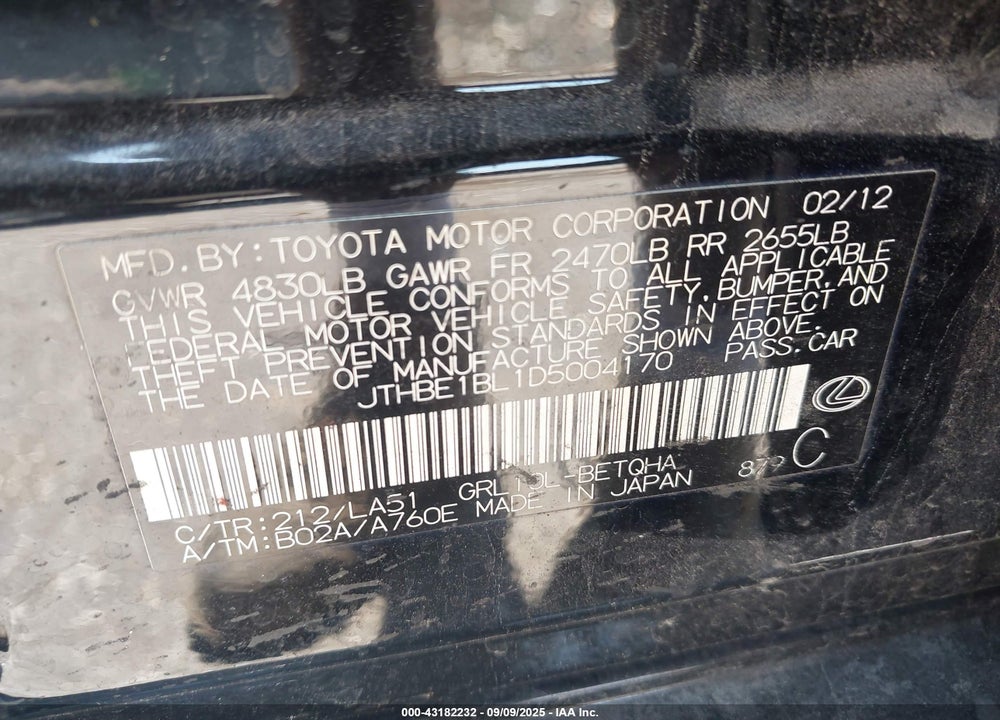 2013 LEXUS GS 350 VIN: JTHBE1BL1D5004170