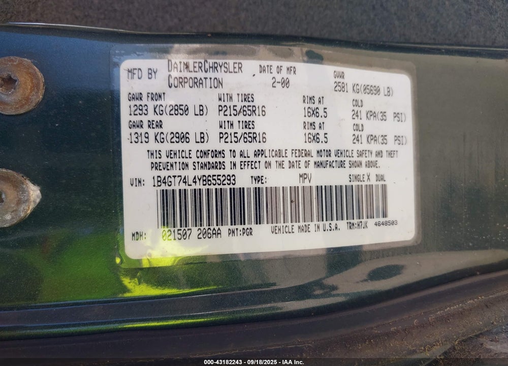 2000 DODGE GRAND CARAVAN ES VIN: 1B4GT74L4YB655293