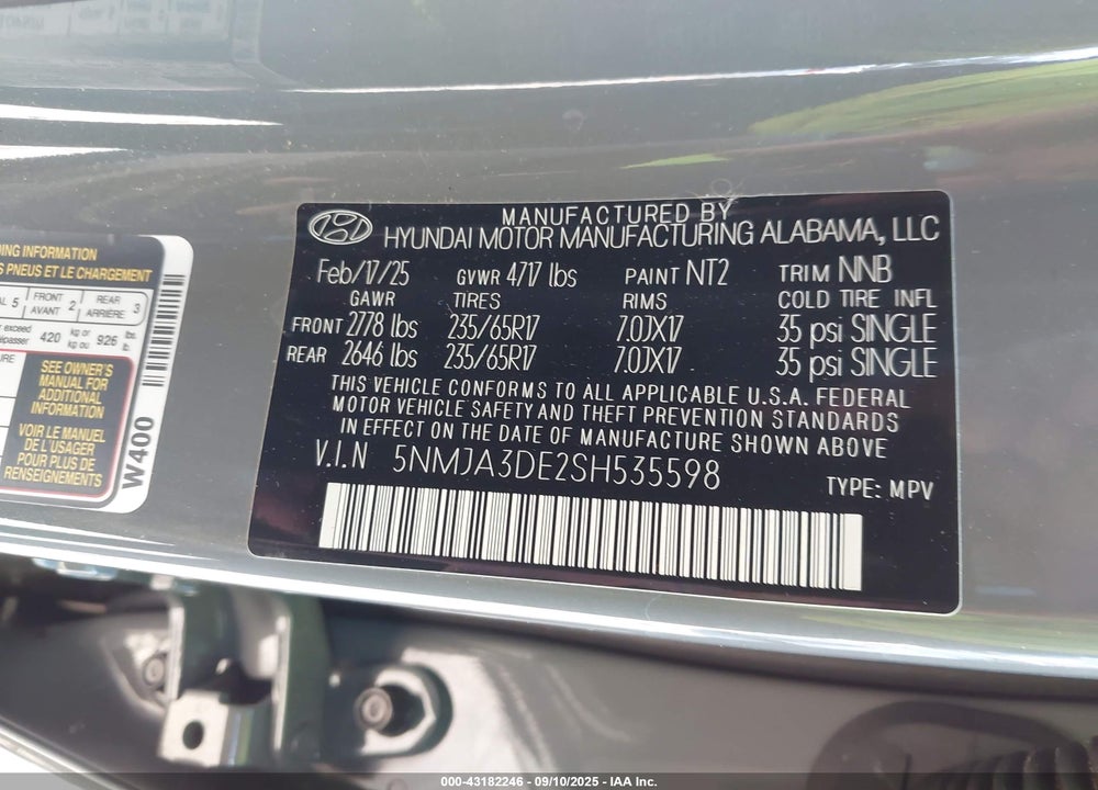 2025 HYUNDAI TUCSON SE VIN: 5NMJA3DE2SH535598