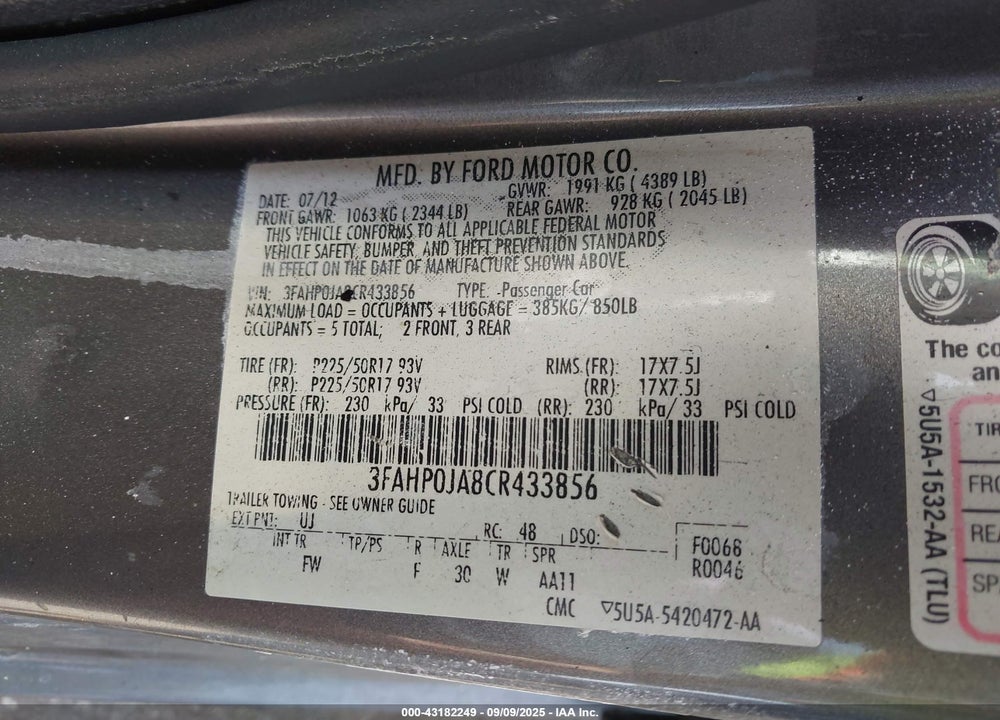2012 FORD FUSION VIN: 3FAHP0JA8CR433856
