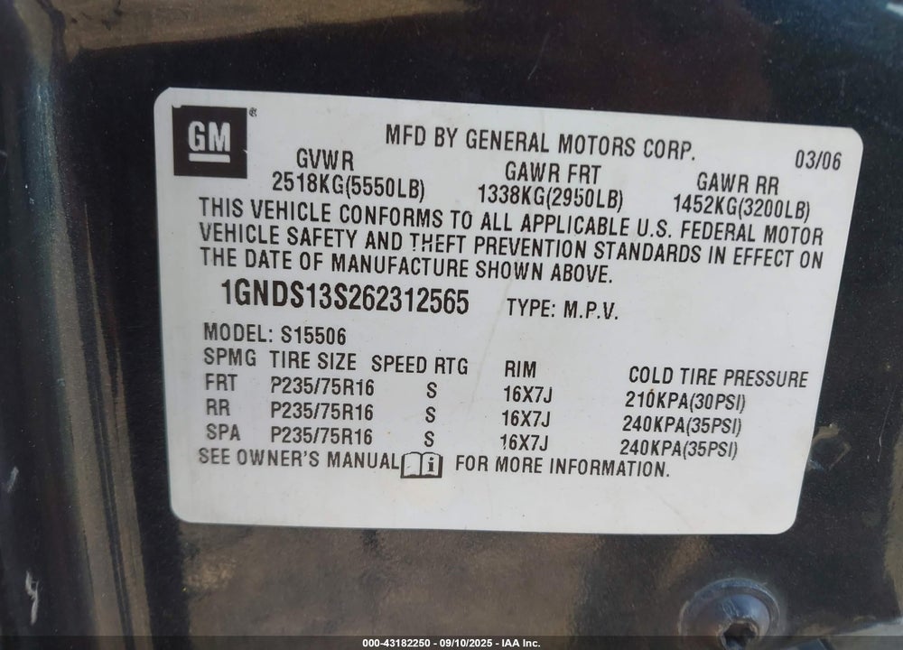 2006 CHEVROLET TRAILBLAZER VIN: 1GNDS13S262312565
