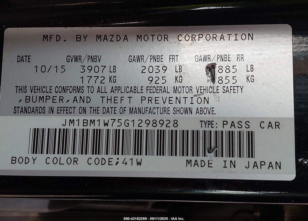 2016 MAZDA 3 VIN: JM1BM1W75G1298928