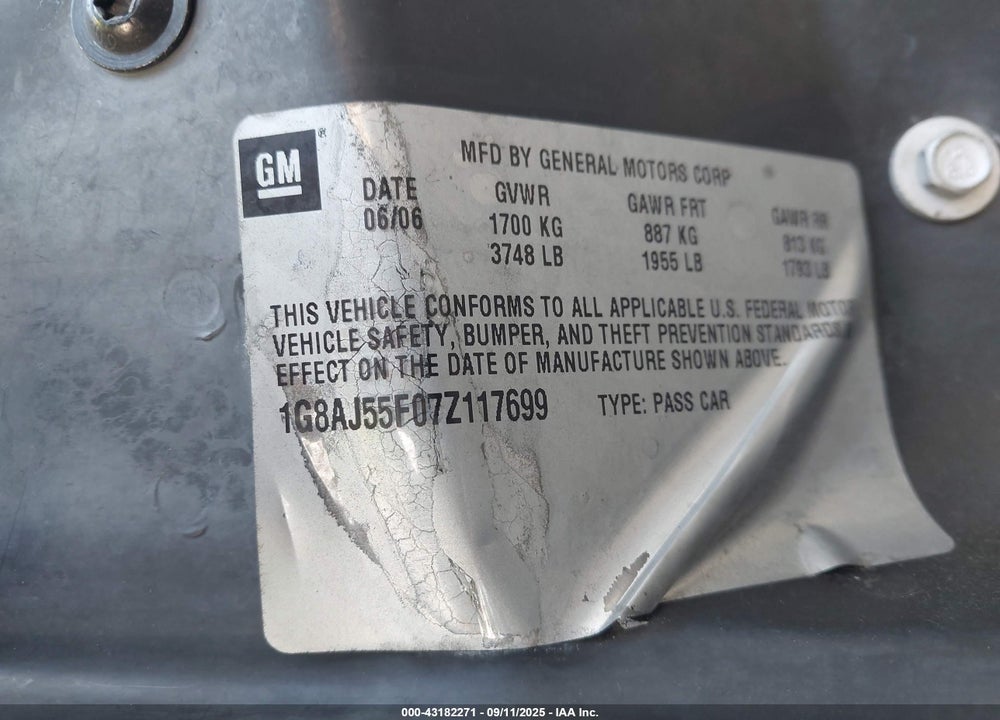 2007 SATURN ION ION 2 VIN: 1G8AJ55F07Z117699