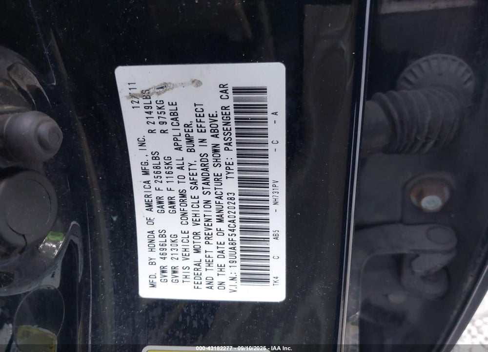 2012 ACURA TL VIN: 19UUA8F54CA020283