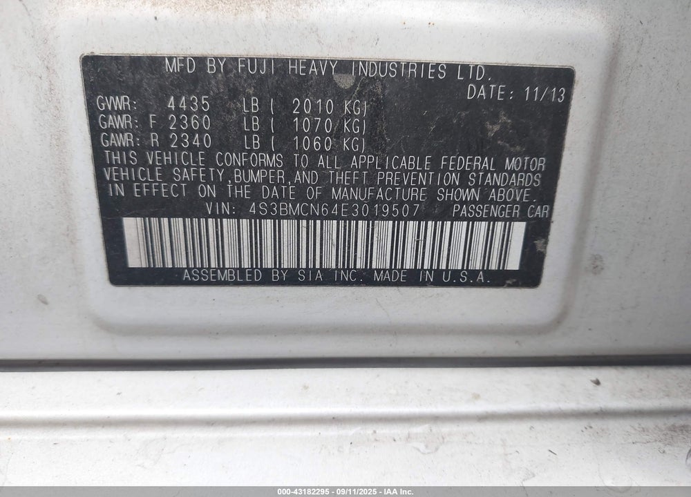 2014 SUBARU LEGACY 2.5I LIMITED VIN: 4S3BMCN64E3019507