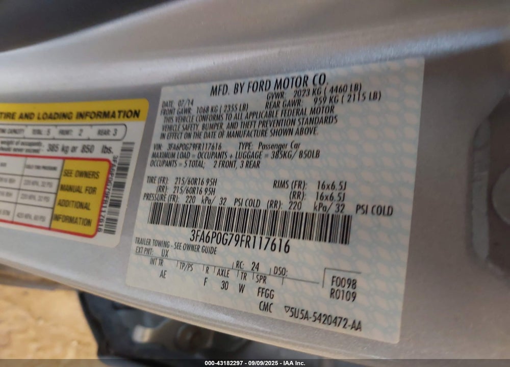 2015 FORD FUSION VIN: 3FA6P0G79FR117616