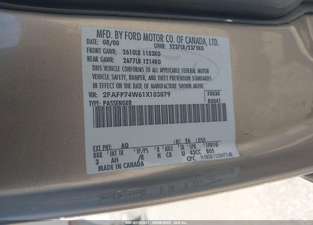 2001 FORD CROWN VICTORIA LX VIN: 2FAFP74W61X103879