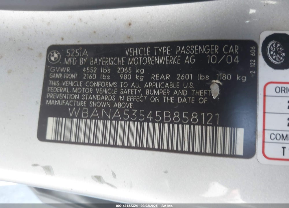 2005 BMW 525I VIN: WBANA53545B858121
