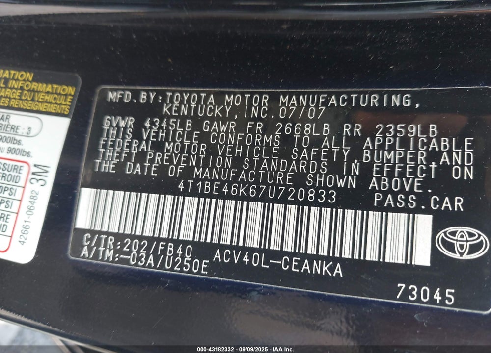 2007 TOYOTA CAMRY VIN: 4T1BE46K67U720833