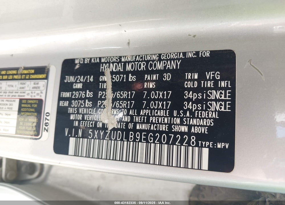 2014 HYUNDAI SANTA FE VIN: 5XYZUDLB9EG207228