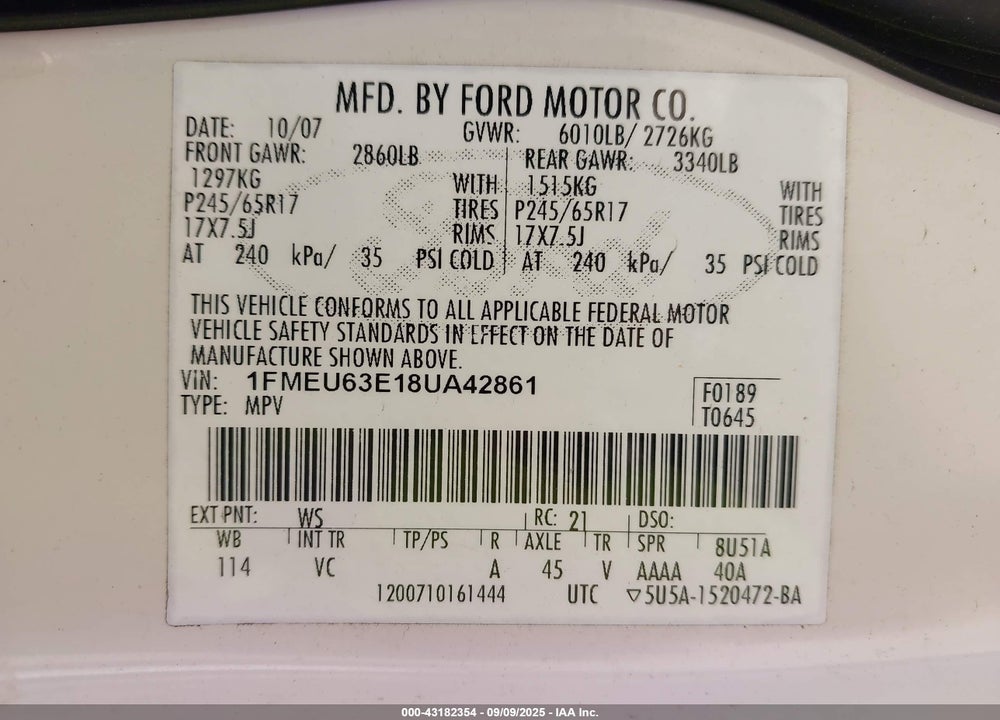 2008 FORD EXPLORER VIN: 1FMEU63E18UA42861