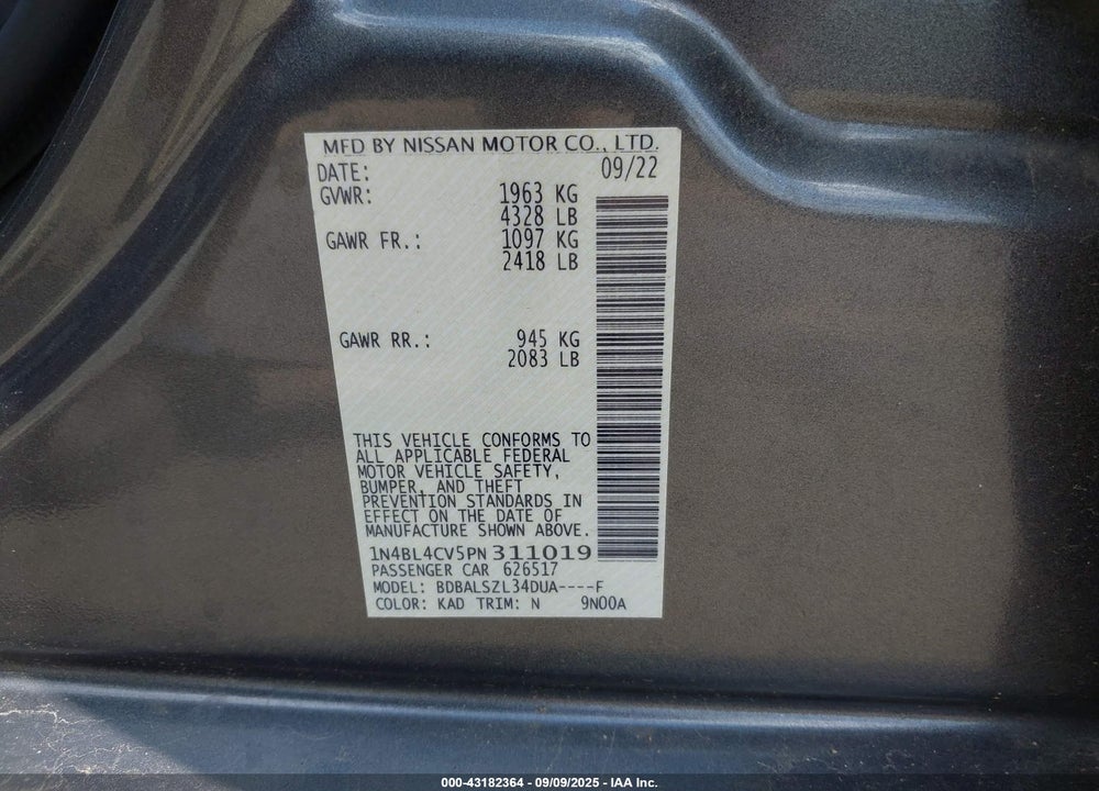 2023 NISSAN ALTIMA VIN: 1N4BL4CV5PN311019