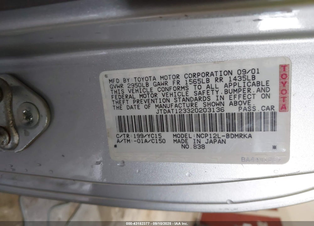 2002 TOYOTA ECHO VIN: JTDAT123320203136