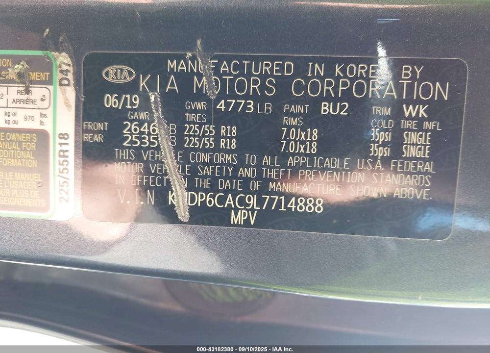 2020 KIA SPORTAGE VIN: KNDP6CAC9L7714888