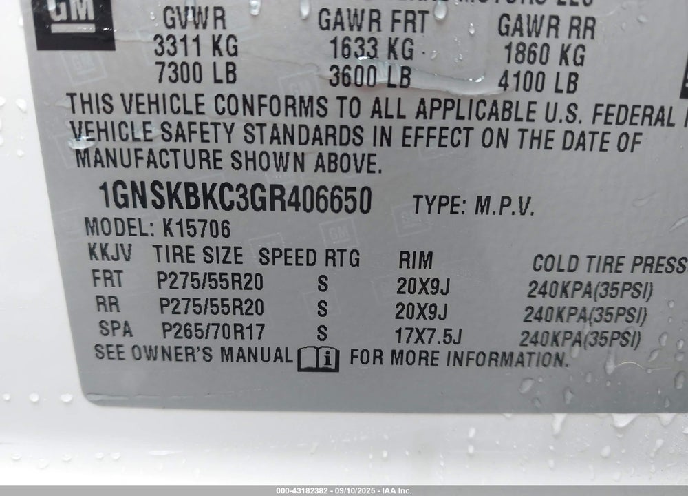 2016 CHEVROLET TAHOE VIN: 1GNSKBKC3GR406650