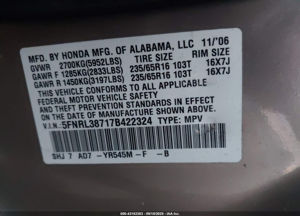 2007 HONDA ODYSSEY VIN: 5FNRL38717B422324