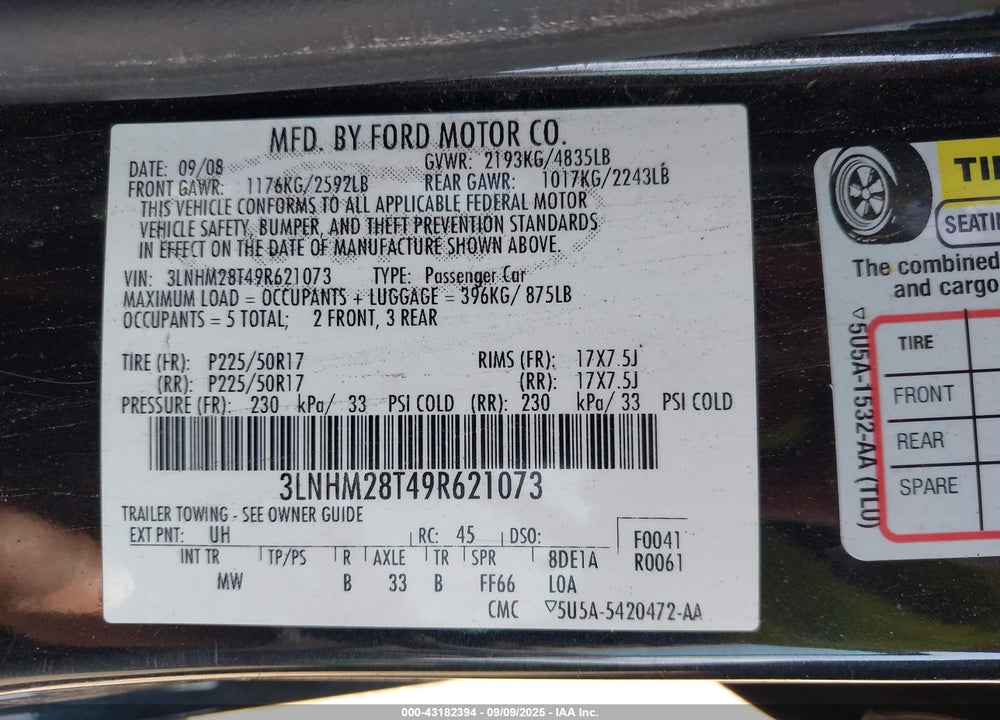 2009 LINCOLN MKZ VIN: 3LNHM28T49R621073