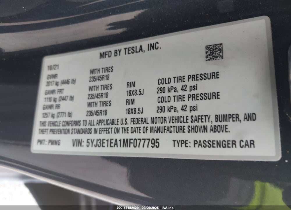 2021 TESLA MODEL 3 VIN: 5YJ3E1EA1MF077795