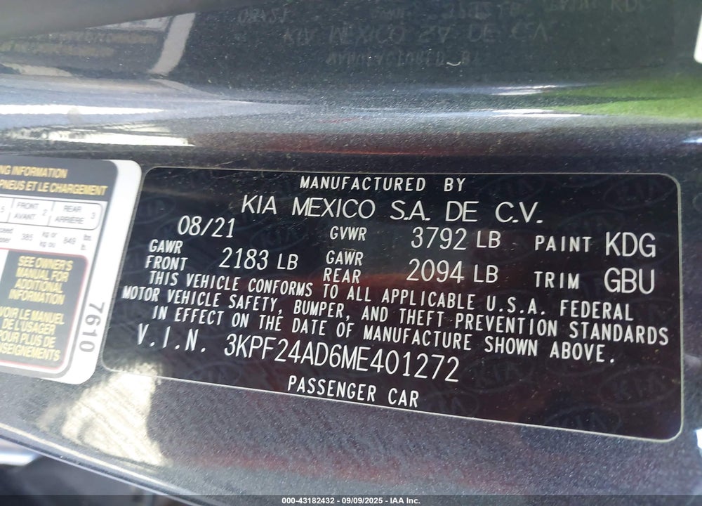 2021 KIA FORTE VIN: 3KPF24AD6ME401272