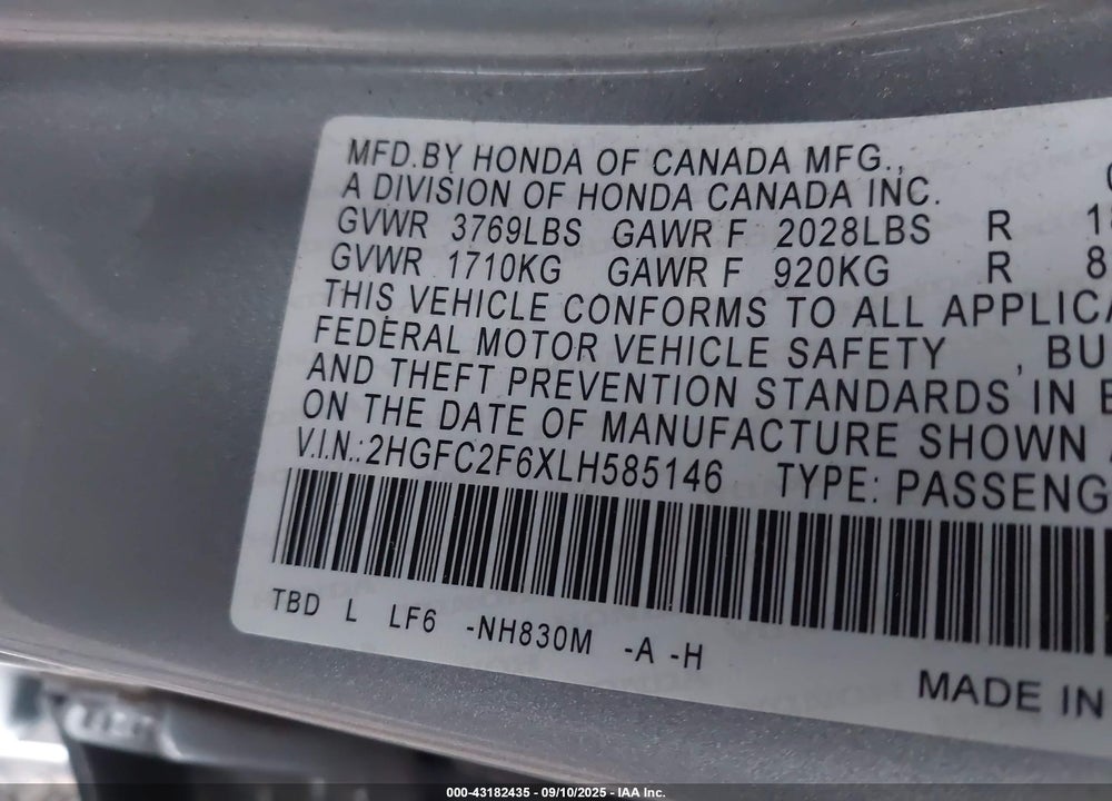 2020 HONDA CIVIC VIN: 2HGFC2F6XLH585146