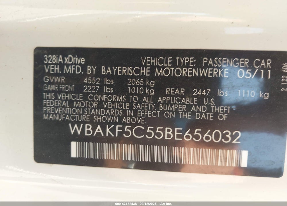 2011 BMW 3 SERIES VIN: WBAKF5C55BE656032