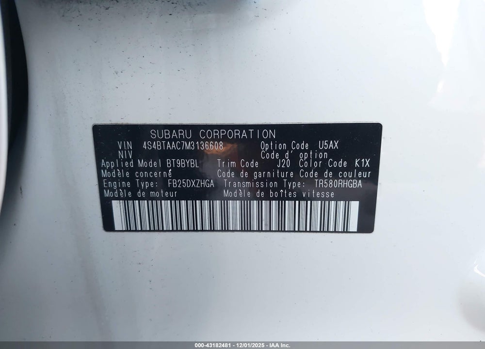 2021 SUBARU OUTBACK VIN: 4S4BTAAC7M3136608