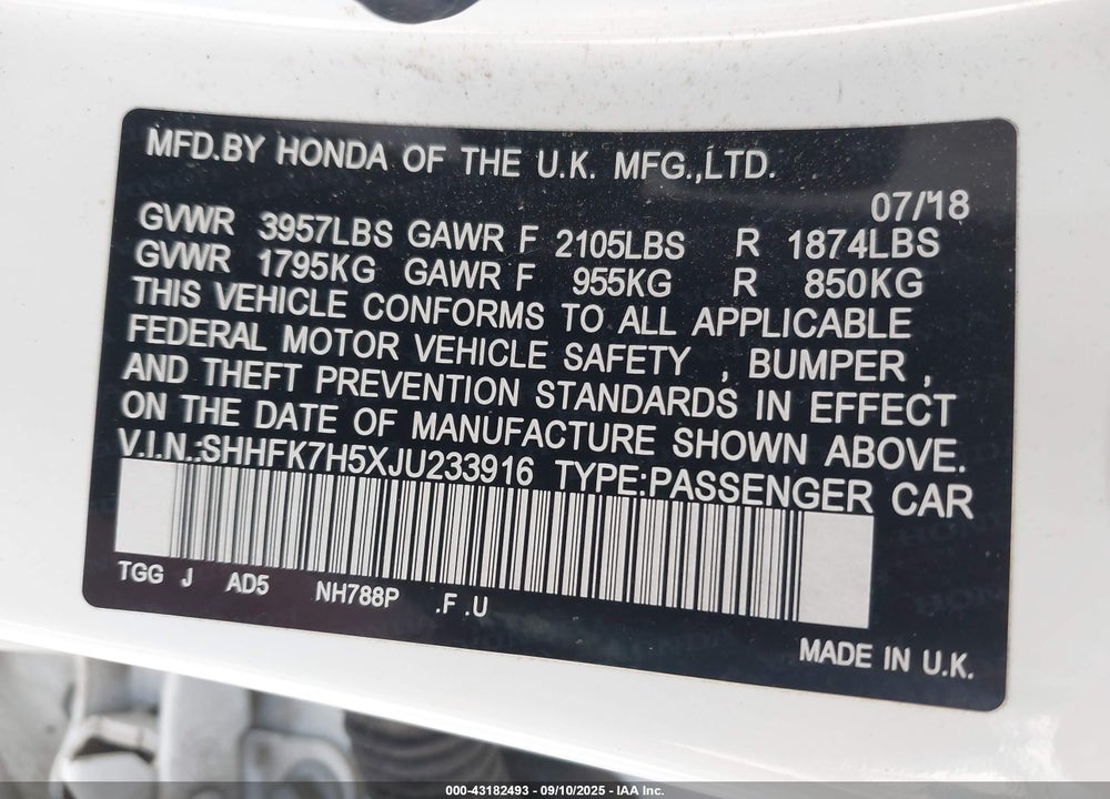 2018 HONDA CIVIC VIN: SHHFK7H5XJU233916