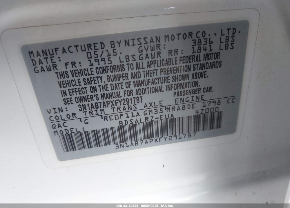 2015 NISSAN SENTRA VIN: 3N1AB7APXFY291787