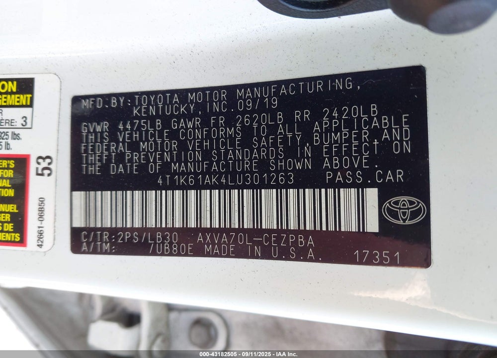 2020 TOYOTA CAMRY XSE VIN: 4T1K61AK4LU301263