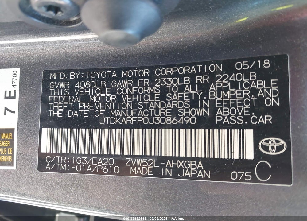 2018 TOYOTA PRIUS PRIME VIN: JTDKARFP0J3086490