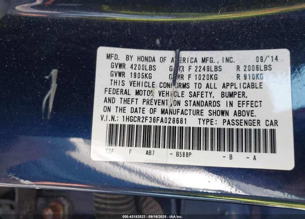 2015 HONDA ACCORD LX VIN: 1HGCR2F36FA028681