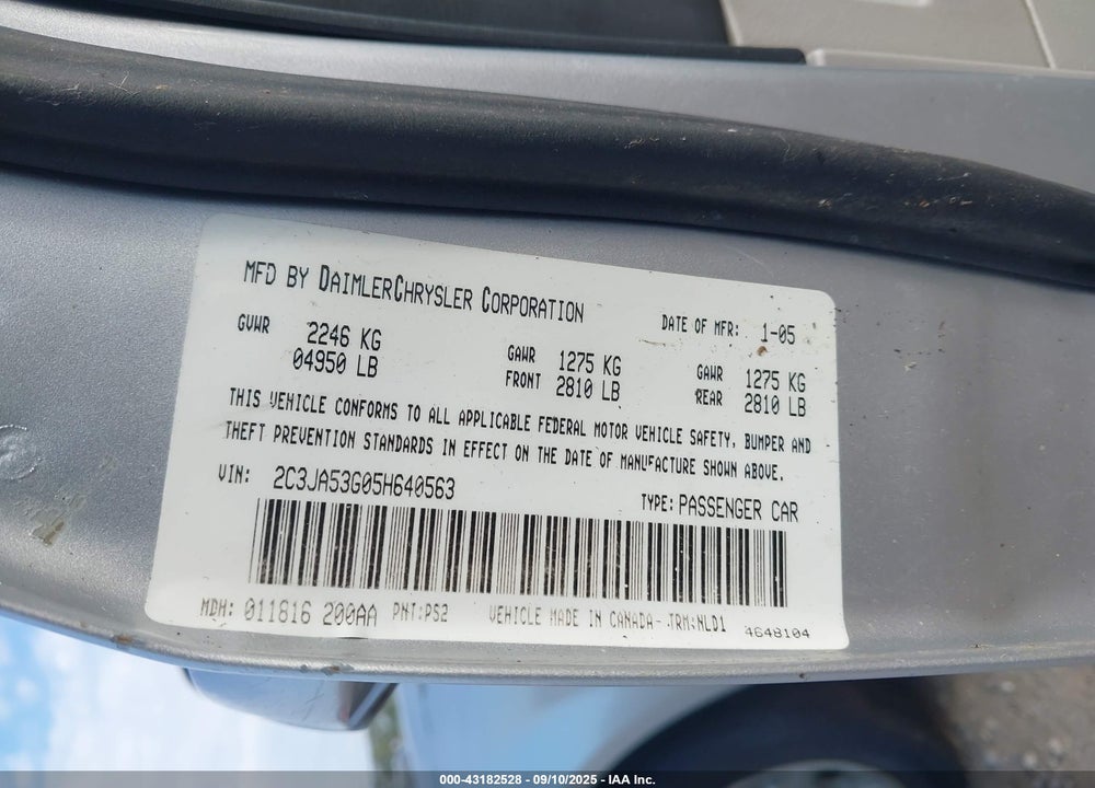 2005 CHRYSLER 300 VIN: 2C3JA53G05H640563