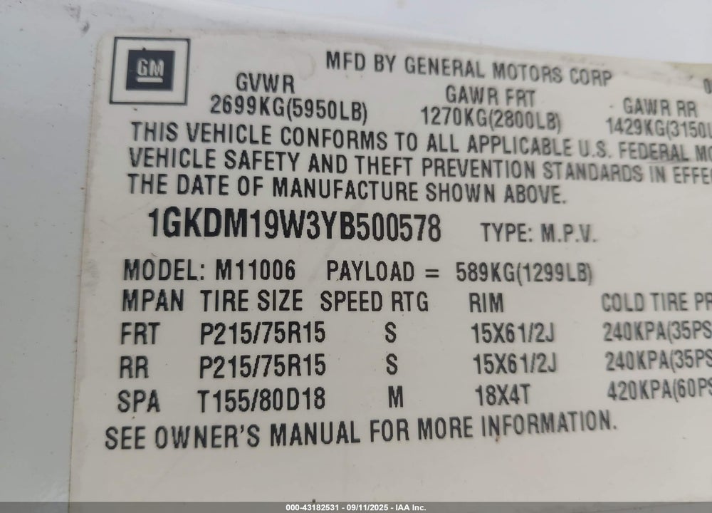 2000 GMC SAFARI SL VIN: 1GKDM19W3YB500578
