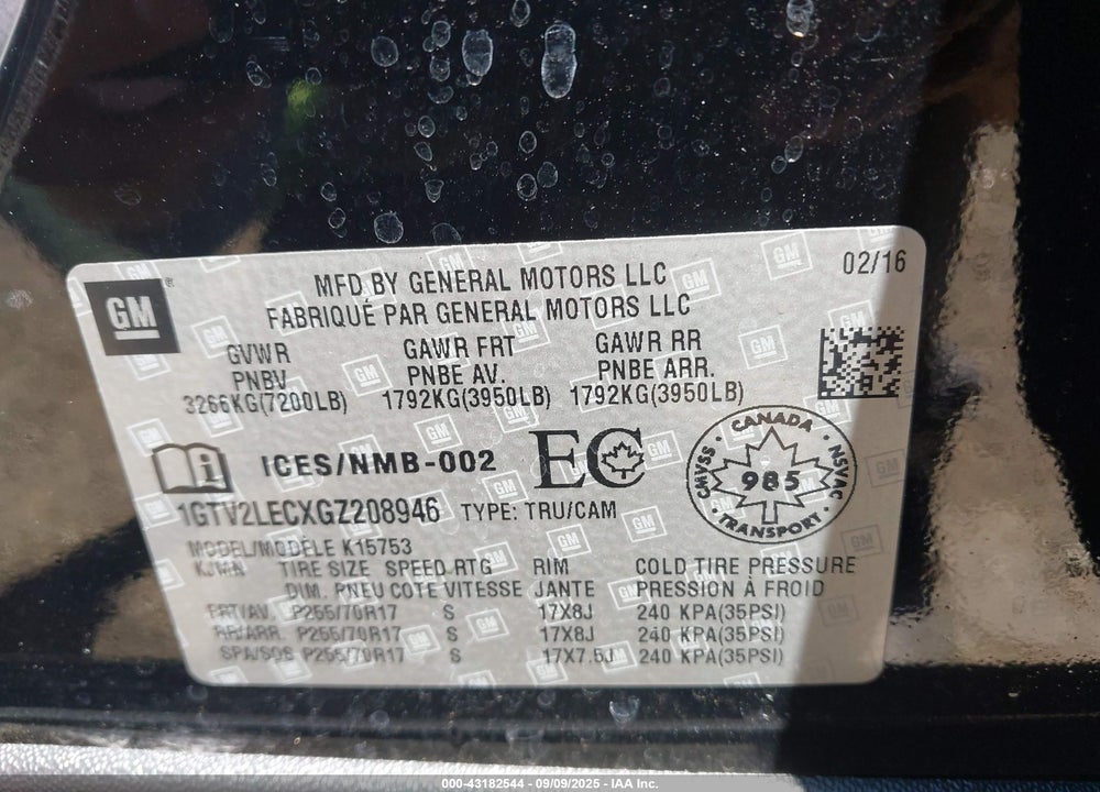 2016 GMC SIERRA 1500 VIN: 1GTV2LECXGZ208946