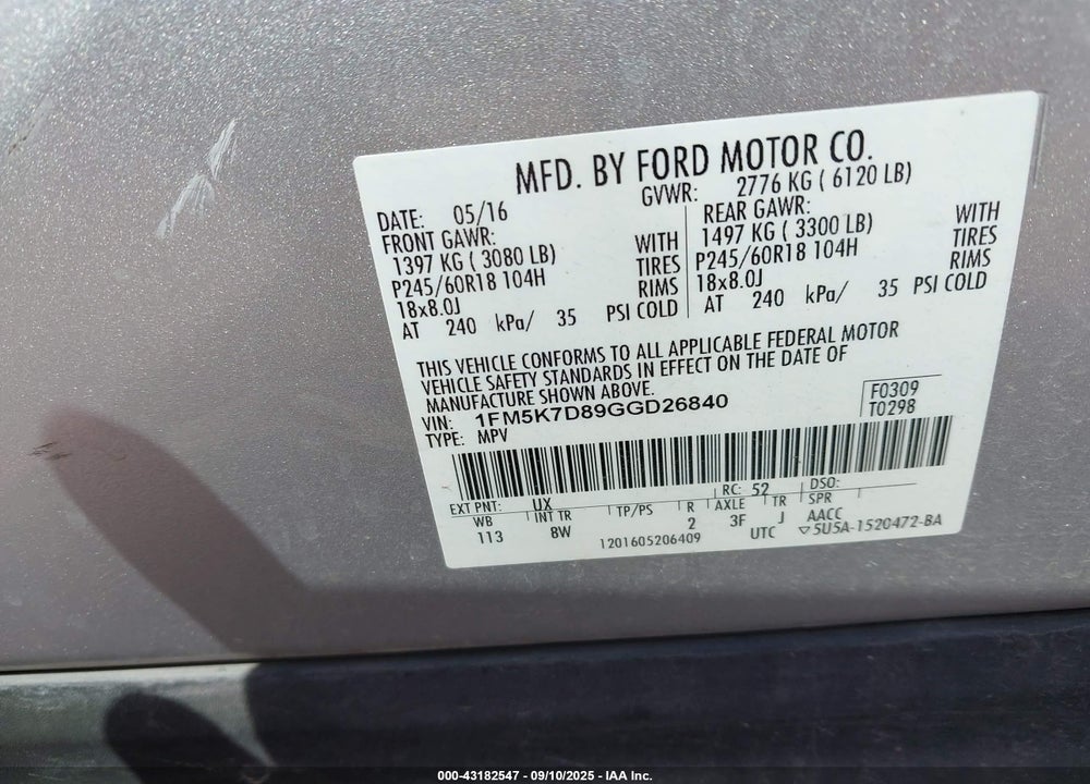 2016 FORD EXPLORER VIN: 1FM5K7D89GGD26840