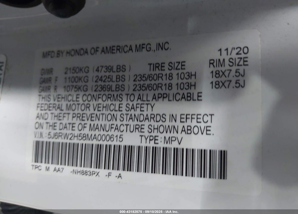 2021 HONDA CR-V AWD EX VIN: 5J6RW2H58MA000615